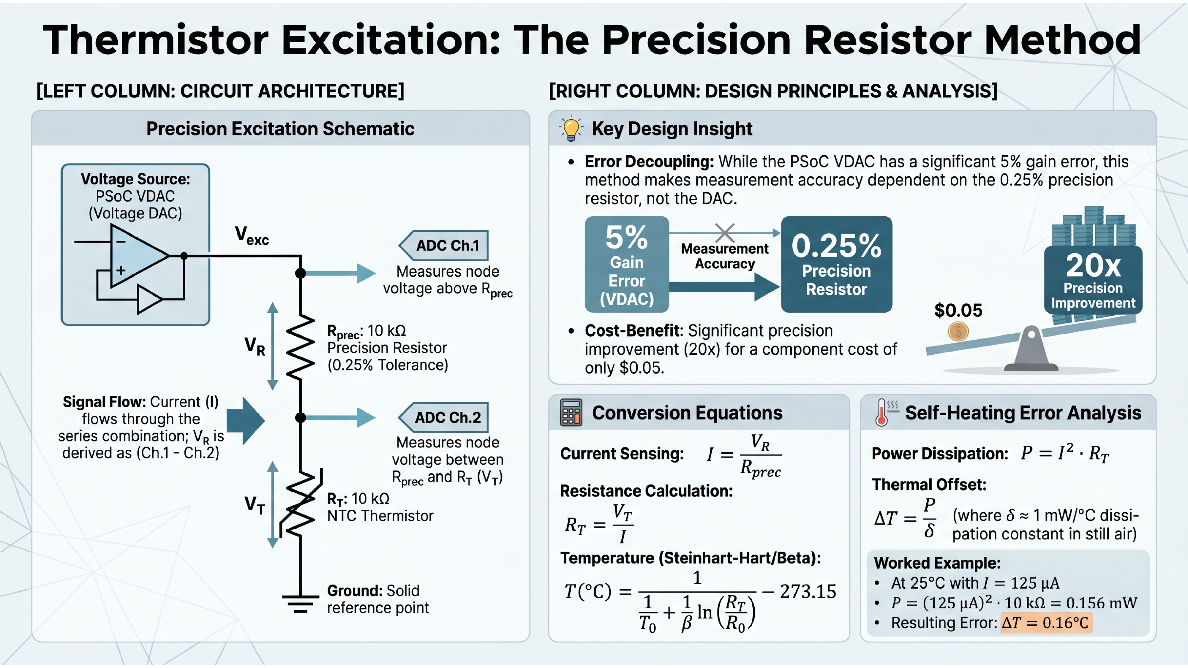 AI-generated slide showing thermistor excitation circuit with schematic, equations, and self-heating analysis in a professional layout