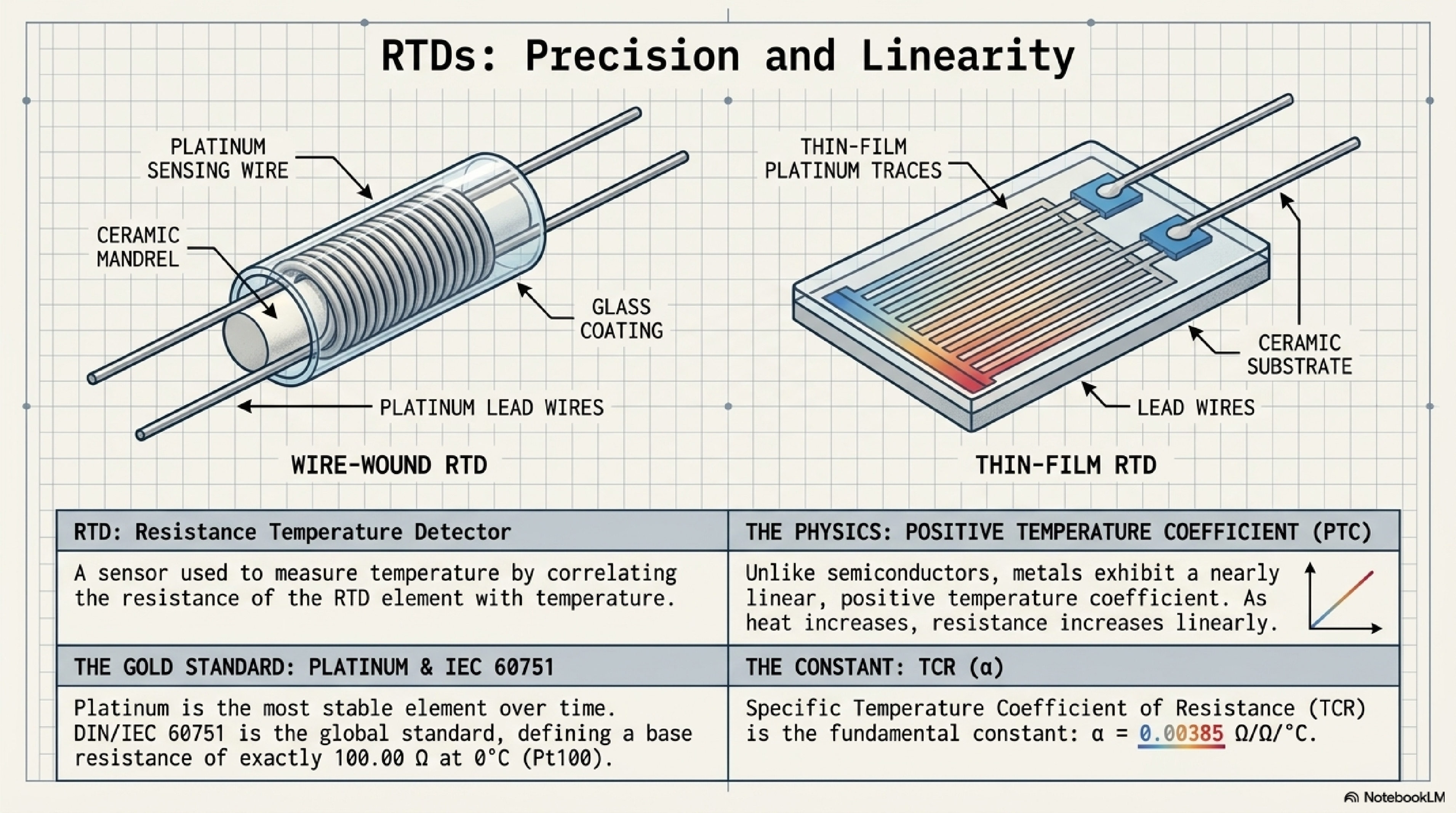 NotebookLM-generated slide showing wire-wound and thin-film RTD construction with detailed labels and clean layout