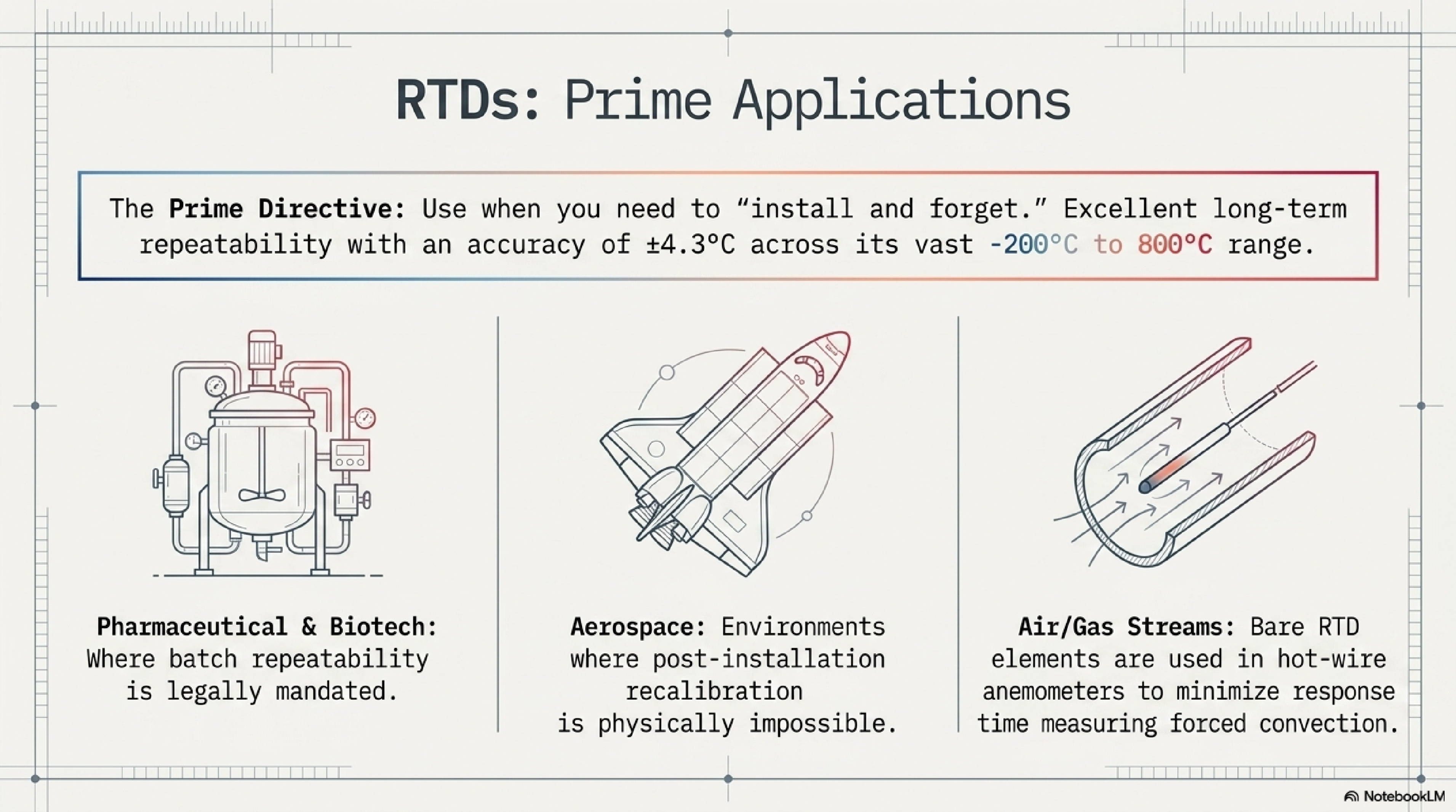 NotebookLM slide claiming RTD accuracy of ±4.3°C, which is actually a tolerance class specification from IEC 60751, not a general accuracy claim