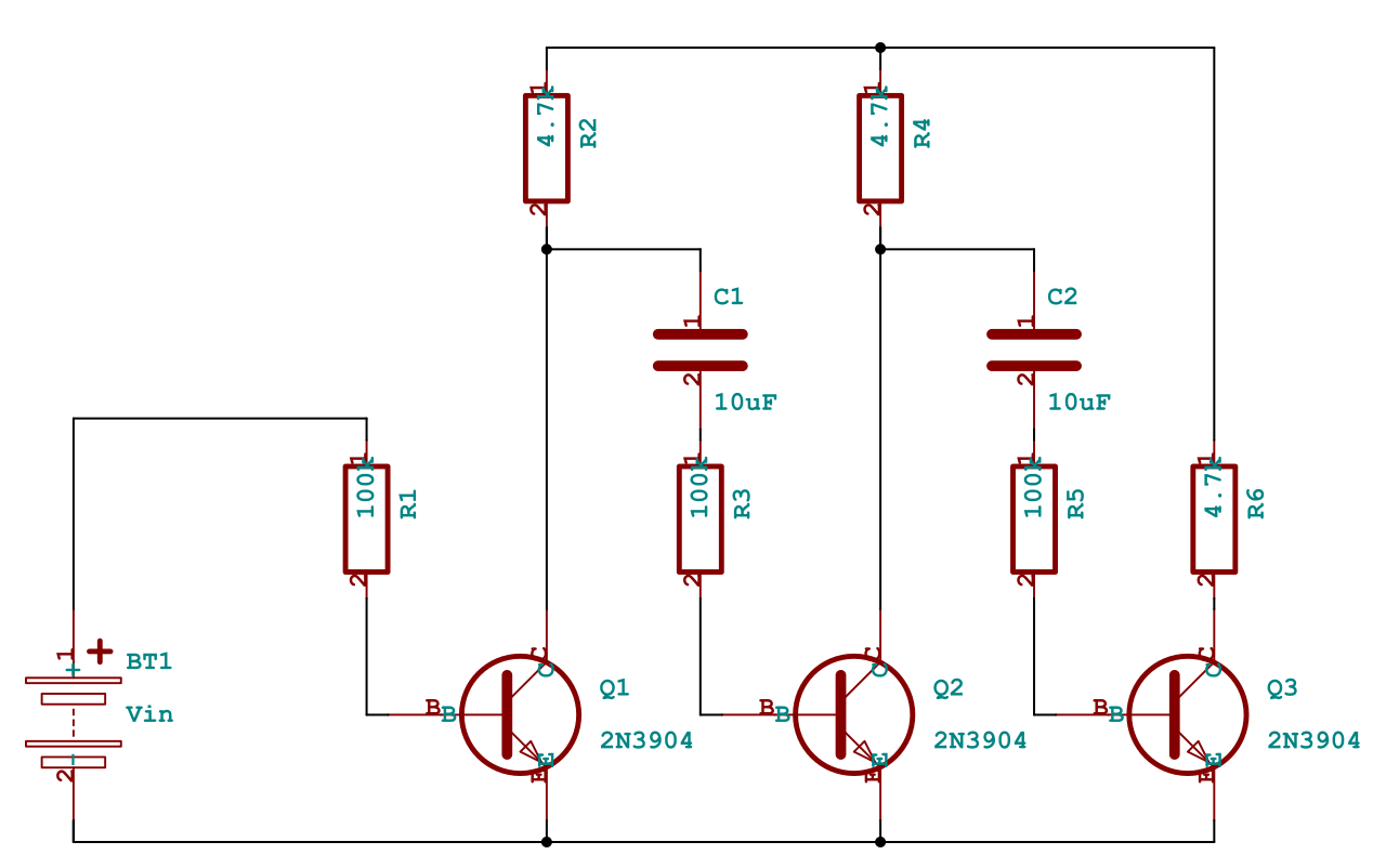 Three-stage common-emitter amplifier schematic generated by SKiDL showing three transistor stages in conventional left-to-right arrangement with coupling capacitors between stages
