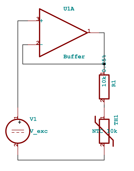Precision resistor excitation circuit generated by SKiDL showing voltage source, op-amp buffer with feedback, precision resistor, and NTC thermistor